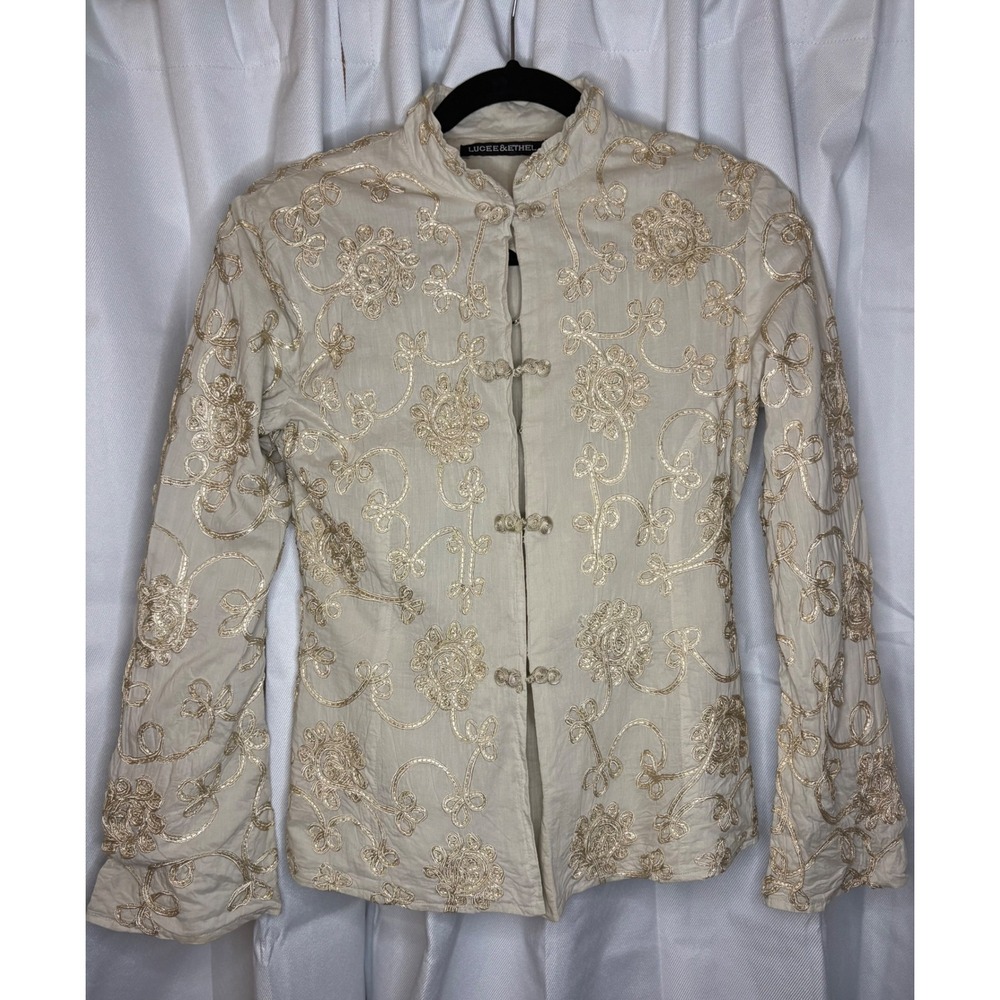 Lucee & Ethel Ivory Gold Floral Embroidered Mandarin Jacket XS Quiet Luxury Chic